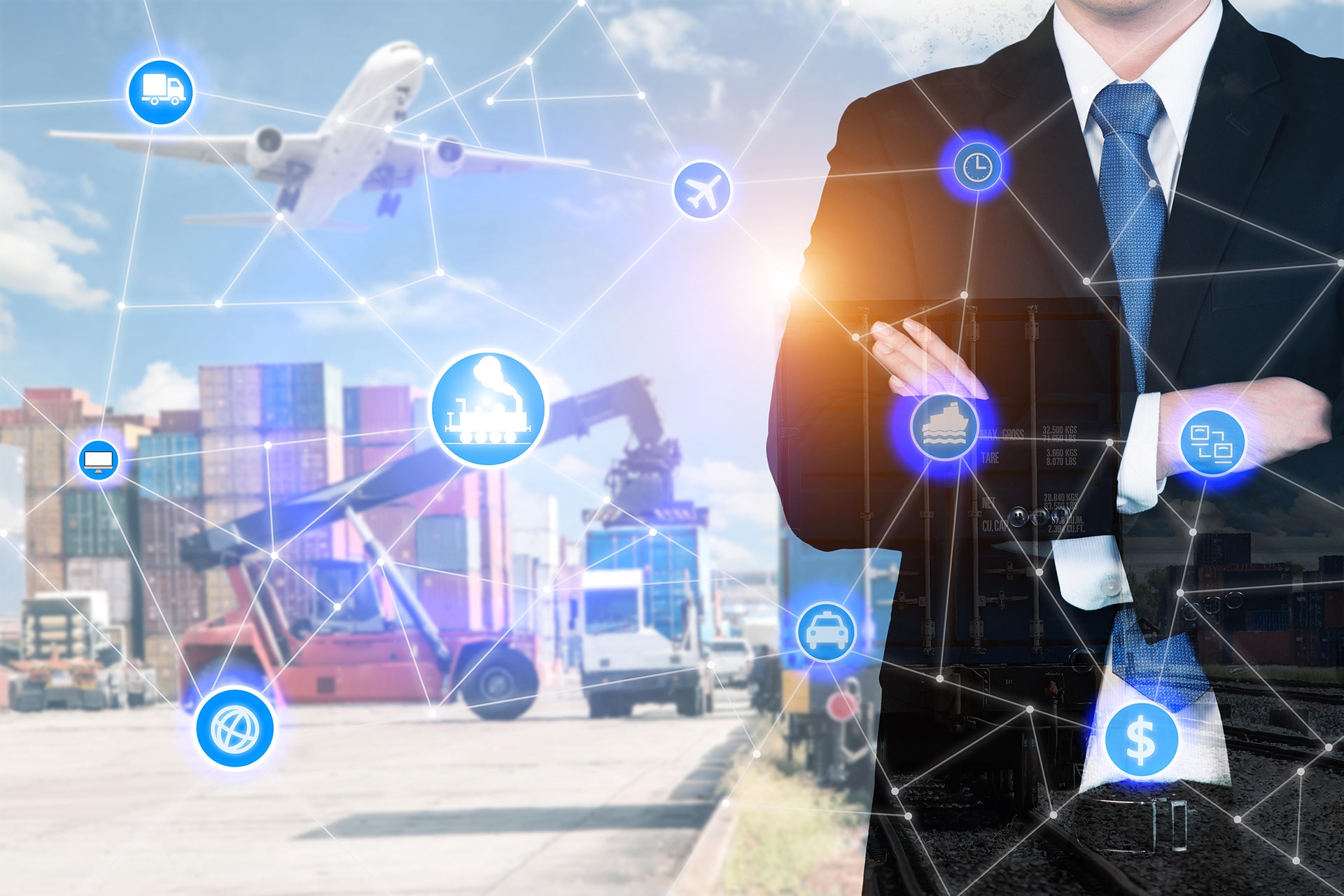 HX85X2 Double exposure businessman standing with his arms crossed with global business logistics system connection technology interface global partner connec
